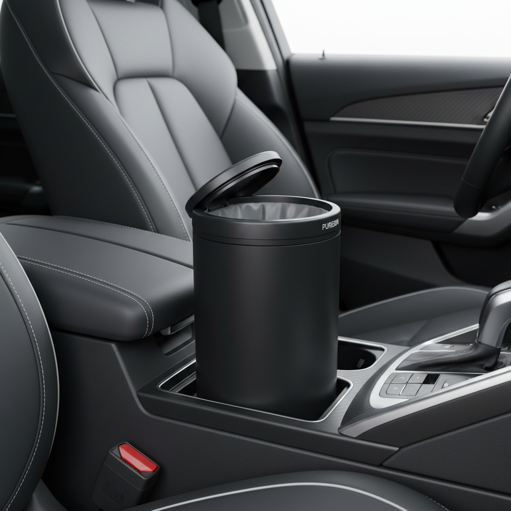 Compact car trash can with lid and leakproof liner